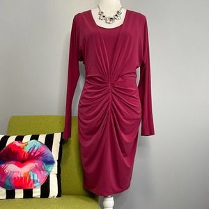 White House Black Market WHBM Red Jersey Long Sleeve Ruched Front Sheath Dress